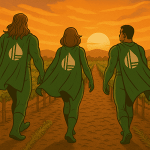 three irrigator superheroes walking home after a long day