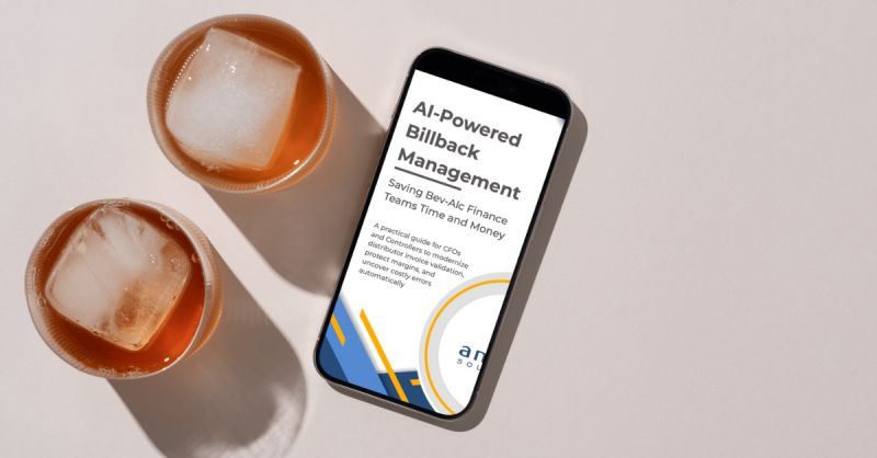 A phone with the AI-Powered Billback Management white paper on its screen, right next to a couple glasses of bourbon.