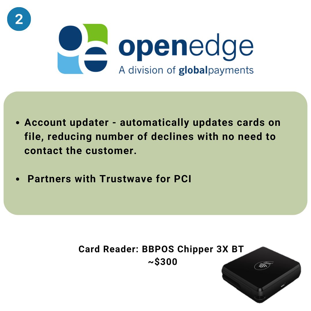 May be an image of phone and text that says '2 openedge A division of globalpayments Account updater automatically updates cards on file, reducing number of declines with no need to contact the customer. Partners with Trustwave for PCI CardReader:BaPOSChipper3XBT Card Reader: BBPOS Chipper 3X BT ~$300 à¸à¸£à¸¶à¸à¸µ'